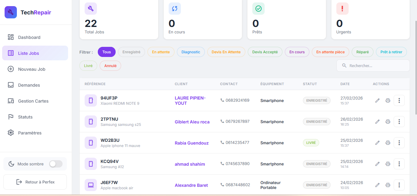 Liste des réparations
